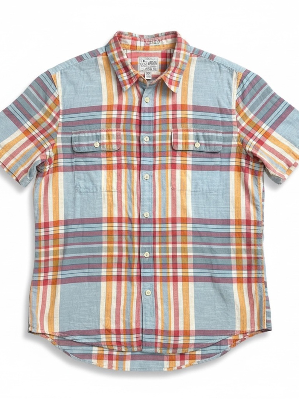 Lucky Brand Short-Sleeve Plaid Button-Down Shirt - Light Blue, Red, Yellow